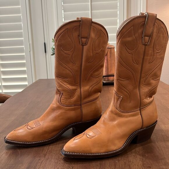 1977 Stewart Hand Made Leather Cowboy Boots Tan USA Men 8.5D Western Pointed Toe - Picture 3 of 11